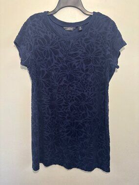 Lands End Womens Medium Navy Textured Floral Knit Dress Short Sleeve